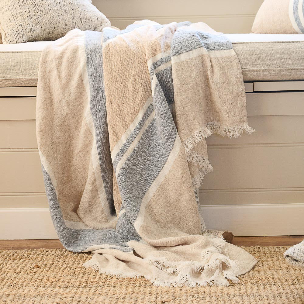 Magnus Linen Throw - Natural/Blue