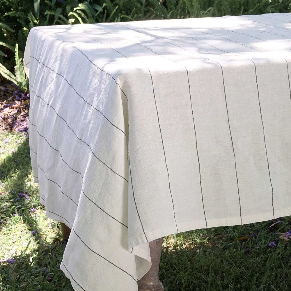 Carter Linen Tablecloth - Off White w' Slate Fine Stripe