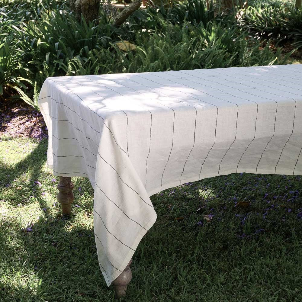 Carter Linen Tablecloth - Off White w' Slate Fine Stripe