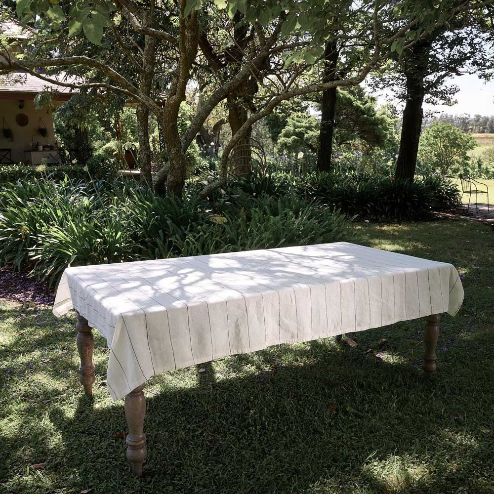 Carter Linen Tablecloth - Off White w' Slate Fine Stripe