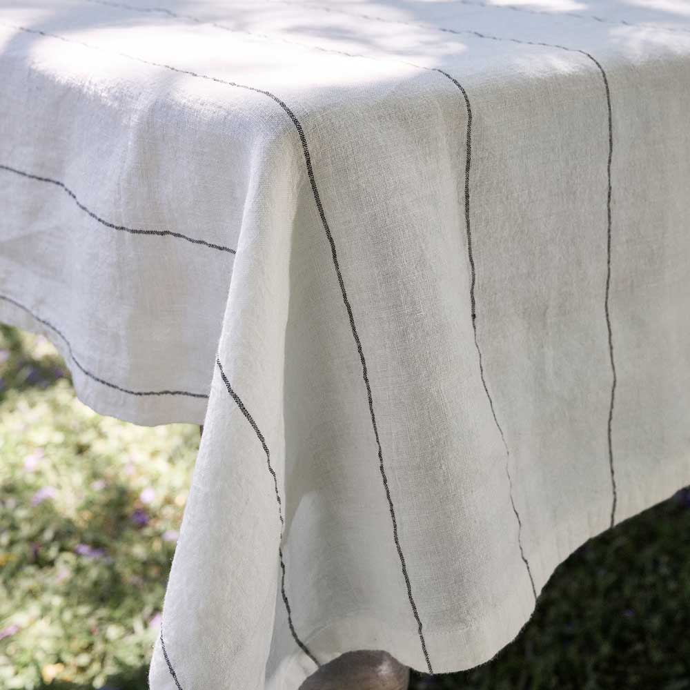 Carter Linen Tablecloth - Off White w' Slate Fine Stripe