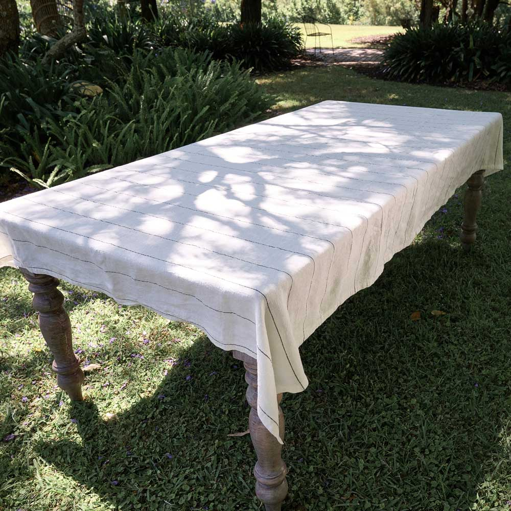 Carter Linen Tablecloth - Off White w' Slate Fine Stripe