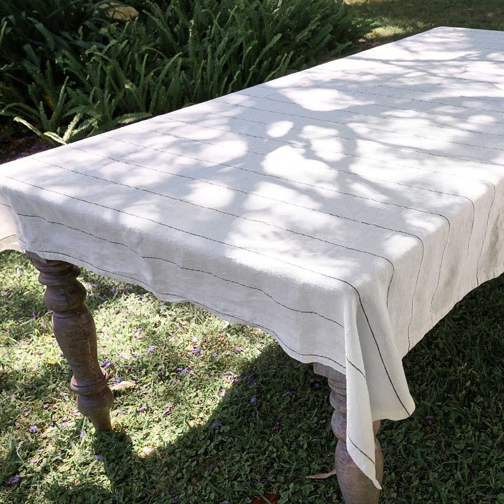 Carter Linen Tablecloth - Off White w' Slate Fine Stripe